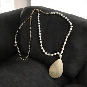 Elegant Gold and White Beaded Long Necklace